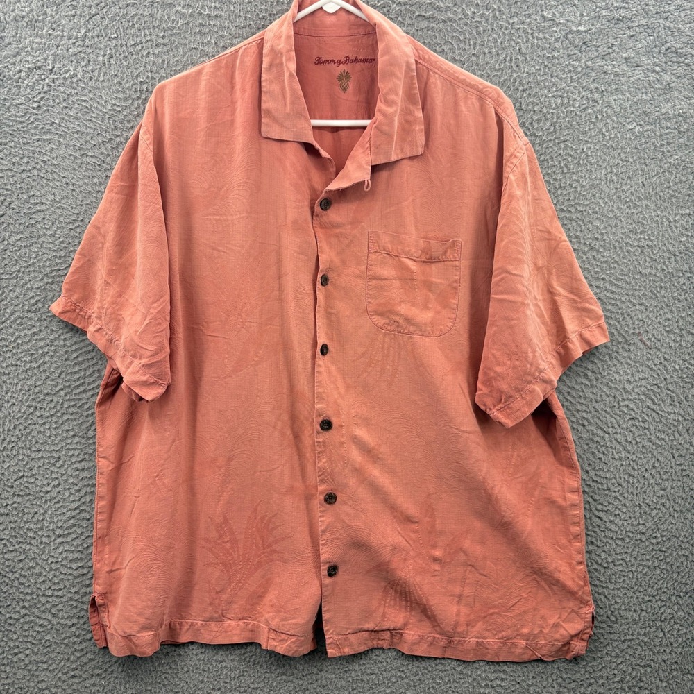 Tommy Bahama Shirt Mens XL Coral Pink Jacquard Tropical Palm Camp Short Sleeve